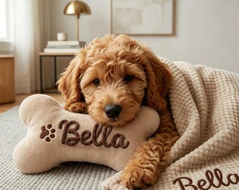 Personalized Dog Blanket and Bone Pillow Set, Custom Embroidered Pet Name with Paw Print, Cozy Textured Puppy Blanket, Gift for Dog Lovers