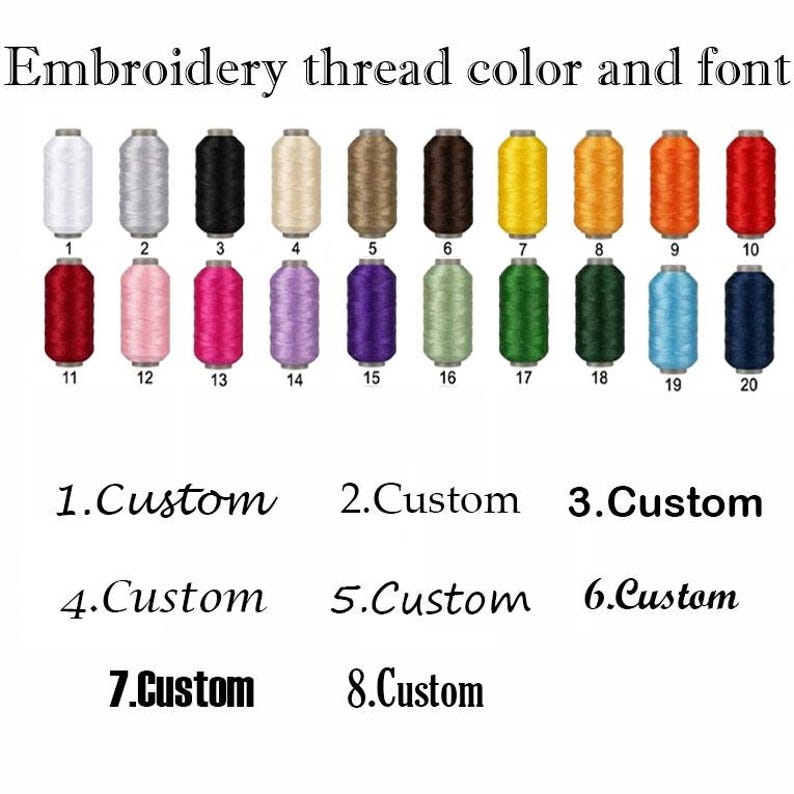 May include: A chart titled Embroidery thread color and font displaying twenty numbered spools of thread in various colors including white, black, yellow, red, and blue, alongside eight numbered examples of the word Custom in different fonts.