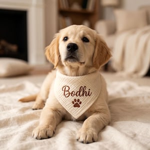 May include: A light cream-colored puppy wearing a triangular fabric bandana. The bandana is made of a textured, ribbed material and features the name Bodhi embroidered in brown thread, positioned above a brown embroidered paw print icon.