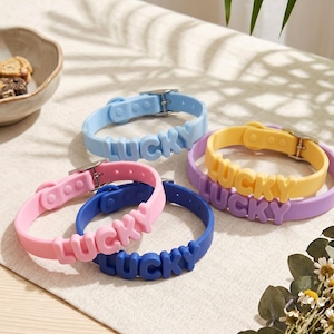Puede incluir: Una colección de pulseras de silicona coloridas en tonos azul, rosa, amarillo y morado. Cada pulsera presenta la palabra "LUCKY" en letras en relieve y un cierre de hebilla plateado. Las pulseras se exhiben sobre una superficie neutra.