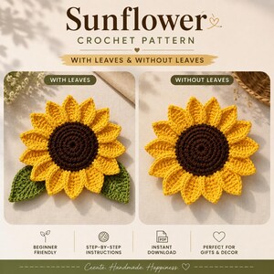 Sunflower Crochet Pattern PDF | Beginner Crochet Flower Tutorial | Summer Country Cottage Decor |Yellow Floral Stem |Happiness Gift Download