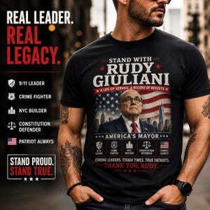 Könnte beinhalten: Schwarzes T-Shirt mit einem Bild von Rudy Giuliani, der amerikanischen Flagge und dem Text "Stand with Rudy Giuliani". Das T-Shirt enthält auch den Text "America's Mayor" und "Thank You, Rudy."