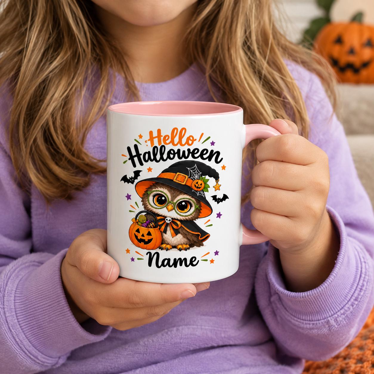 Hello Halloween Owl Mug, Accent Coffee Mug Owl Mug, Cute Witch Owl Coffee Cup, Hello Halloween Mug f