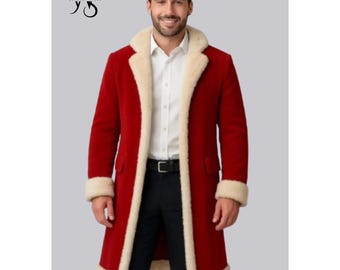 Abrigo de terciopelo rojo para hombre con pelo sintético blanco / Gabardina navideña de Papá Noel / Abrigo festivo de invierno / El mejor regalo para él