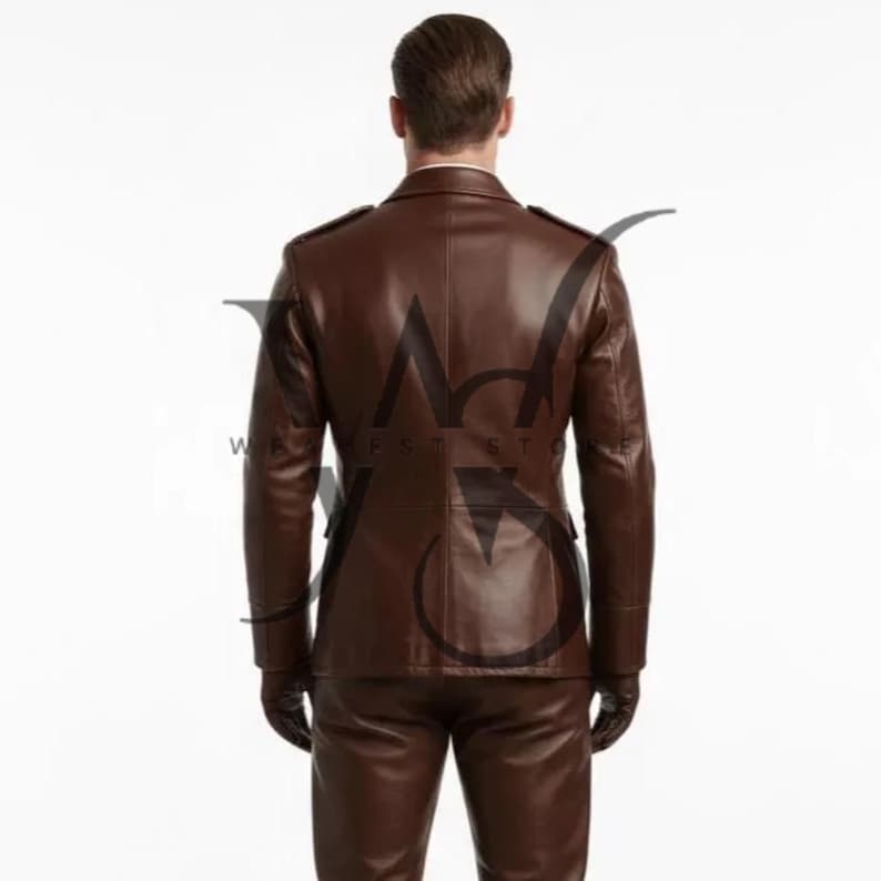 May include: A brown leather jacket and matching pants. The jacket has a tailored fit with shoulder epaulets and a notched collar. The outfit is worn with black gloves. The back view of the jacket shows a sleek, minimalist design.