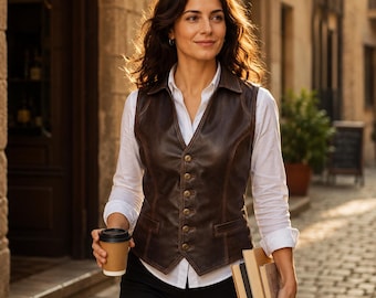 Chaleco de cuero genuino marrón para mujer / Chaleco estilo motero western a medida / Chaleco ajustado con botones / Regalo personalizado auténtico para ella