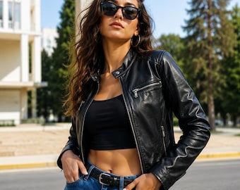 Chaqueta Cafe Racer de cuero genuino negro para mujer / Abrigo de motociclista ajustado sin cuello / Regalo personalizado para ella