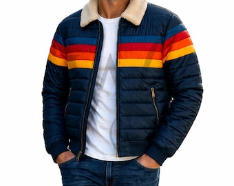 Chaqueta acolchada retro con rayas arcoíris – Abrigo acolchado vintage de los años 70 – Chaqueta de invierno colorida – Chaqueta acolchada con cuello de borrego – Abrigo unisex para hombre y mujer