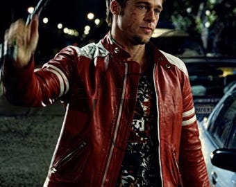 Chaqueta de cuero roja para hombre hecha a mano - Chaqueta estilo Tyler Durden de Fight Club, abrigo de motociclista estilo Brad Pitt, prenda de abrigo de cuero vintage