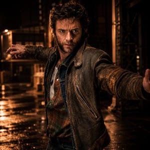 May include: A person wearing a brown leather jacket over a plaid shirt and a denim jacket. The person is standing in a dark, wet alleyway, with arms outstretched. The jacket has a worn, distressed appearance.