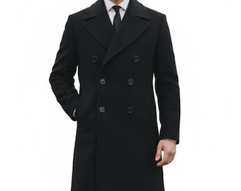 Abrigo cruzado de lana negra para hombre / Abrigo de invierno con solapa de muesca / Abrigo de lana Melton / Abrigo largo formal de negocios / Regalo para él