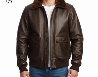 Handmade Cowhide Leather A-2 Bomber Jacket | Faux Shearling Collar | Genuine Cowhide Leather Bomber Coat | Bomber Jacket | Gift For Him