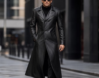 Abrigo largo de cuero genuino de vaca hecho a mano para hombre / Abrigo largo negro de invierno / Gabardina gótica / Disfraz de Halloween / Chaqueta para la Marcha del Orgullo