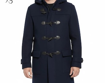 Trenca de mezcla de lana para hombre: abrigo de invierno con capucha azul, abrigo de invierno azul marino con botones, trenca marrón con capucha, regalo para él.