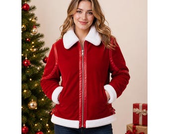 Chaqueta bomber de terciopelo rojo con ribete de piel de zorro / Abrigo unisex de Papá Noel, ropa festiva de invierno / Abrigo festivo de Papá Noel para las fiestas / Regalo para hombres y mujeres