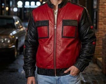 Chaqueta bomber de cuero rojo y negro para hombre / Abrigo motero bicolor inspirado en Marty McFly / Regalo personalizado hecho a mano para él