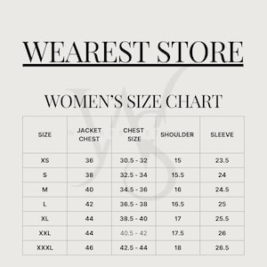 May include: A size chart for women's jackets, with measurements in inches. The chart includes sizes XS to XXXL, listing jacket chest, chest size, shoulder, and sleeve measurements. The store name "WEAREST STORE" is at the top.