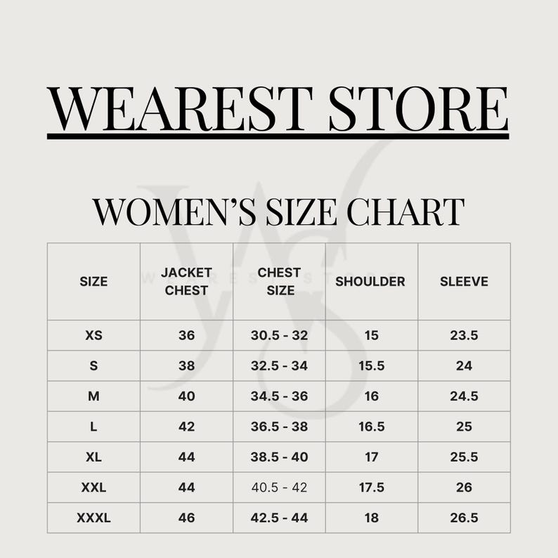 May include: A size chart for women's jackets, with measurements in inches. The chart includes sizes XS to XXXL, listing jacket chest, chest size, shoulder, and sleeve measurements. The store name "WEAREST STORE" is at the top.