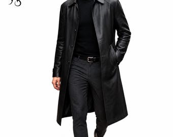 Gabardina de cuero negro para hombre / Abrigo minimalista de estilo británico / Abrigo largo de cuero hecho a mano / Abrigo de cuero genuino de primera calidad para hombre