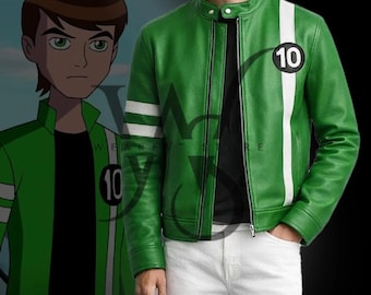 Chaqueta verde de cosplay de superhéroe Ben 10 / Chaqueta de cuero de motociclista Tennyson de Alien Swarm de Ryan Kelley / Abrigo de disfraz de Halloween de Ben 10 hecho a mano