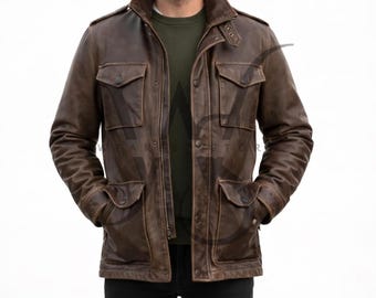 Chaqueta de campo M65 de cuero envejecido hecha a mano / Abrigo de piel de oveja estilo militar vintage