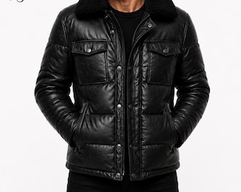 Chaqueta acolchada de piel de cordero auténtica para hombre / Abrigo bomber vintage con cuello de borrego / Chaqueta motera de invierno hecha a mano / Regalo para él