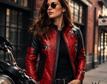 Chaqueta de cuero roja y negra para mujer, estilo motero, hecha a mano / Chaqueta de cuero auténtico a la moda para ella / Conjunto de otoño a la última moda