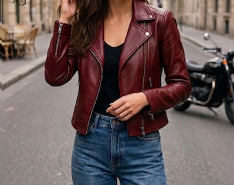 Chaqueta de cuero burdeos hecha a mano, estilo motero, corte ajustado. Chaqueta de cuero burdeos para mujer, con cremallera asimétrica. Regalo ideal para ella.