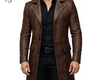 Gabardina de cuero marrón desgastado para hombre – Abrigo largo de cuero auténtico vintage, abrigo hecho a mano, chaqueta de moda de invierno para hombres y mujeres.