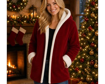 Sudadera con capucha de terciopelo rojo navideña / Abrigo festivo de Papá Noel / Abrigo de invierno acogedor con ribete de piel sintética / Regalo navideño para hombres y mujeres