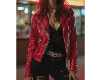 Red Leather Biker Jacket | Slim Fit 80s Inspired Red Leather Jacket for Women | Ladies Slim Fit Red Leather Coat | Women Biker Jacket