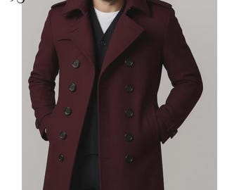 Abrigo de lana color vino vintage – Abrigo cruzado de tweed – Abrigo largo de invierno – Abrigo clásico unisex para hombre y mujer