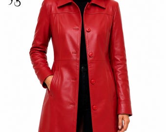 Abrigo largo de piel roja para mujer / Chaqueta de diseño hecha a mano / Gabardina de invierno de lujo / Regalo de San Valentín para ella