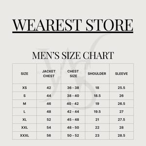 May include: A size chart from the Wearest Store, with the text "MEN'S SIZE CHART" at the top. The chart lists sizes XS to XXXL, with corresponding jacket chest, chest size, shoulder, and sleeve measurements in inches.