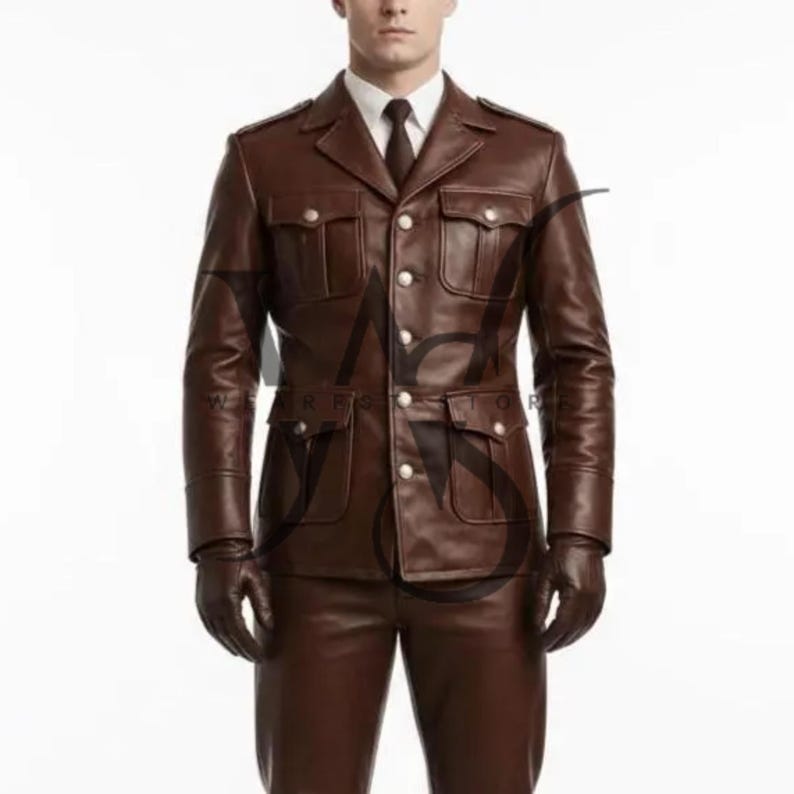 May include: A brown leather jacket with matching pants, gloves, and a tie. The jacket has four front pockets, button closures, and epaulets. The outfit is a classic style, suitable for various occasions.