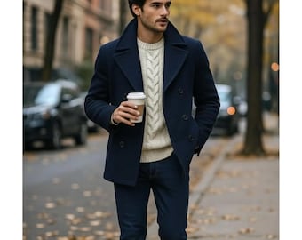 Abrigo de lana para hombre - Chaqueta de invierno cruzada - Abrigo cálido para hombre - Chaqueta de invierno cruzada elegante - Abrigo largo de lana para hombre