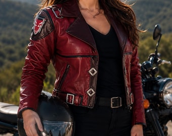 Chaqueta de cuero rojo burdeos para mujer / Abrigo de motociclista inspirado en Wanda / Regalo personalizado de cosplay para ella