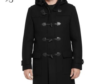 Trenca negra de mezcla de lana para hombre - Abrigo largo de invierno con capucha - Abrigo negro de invierno con botones - Trenca negra con capucha - Regalo para él