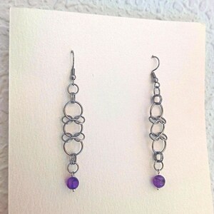 Chainmail earrings with natural stone - stainless steel earrings - elegant gothic earrings - lilac earrings - original gift