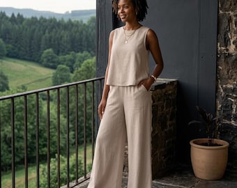Women’s Sleeveless Two Piece Set, Round Neck Top and Wide Leg Pants, Solid Color Casual Matching Set, Minimalist Summer Outfit