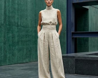 Women’s Summer Two Piece Set, Sleeveless Top and Wide Leg Pants, Casual Matching Outfit, Elegant Relaxed Vacation Set