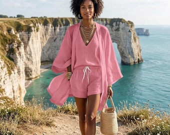 3-teiliges Leinenset für Damen, V-Ausschnitt Cami und Kordelzugshorts mit Kimono-Cardigan, lässiges Sommer-Matching-Outfit