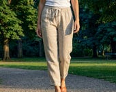 Women’s Linen Wide Leg Pants, Summer Drawstring Trousers, Elastic Waist Loose Cotton Pants, Casual Solid Color Beach Pants