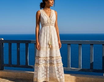 Boho Lace Maxi Dress for Women, Sleeveless V Neck White Summer Dress, Elegant Tiered Tulle Beach Dress