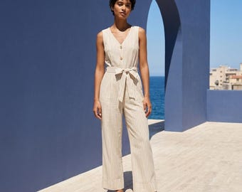 Striped Wide Leg Jumpsuit for Women, Sleeveless V Neck Romper, Minimalist Summer Outfit, Casual Chic Vacation Wear