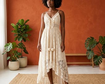 Women’s Boho Lace Maxi Dress, Sleeveless V Neck White Lace Dress, Romantic Summer Beach Dress, Elegant High Low Lace Dress