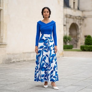 blue and white floral dress wedding guest Leely Women Floral Wedding Guest Dress with Slit White Blue Corset Tiered A Line Bridesmaid Dress