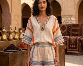 Women’s Striped Two Piece Set, Boho V Neck Tunic Top and Casual Summer Shorts, Flutter Sleeve Matching Outfit, Resort Vacation Set
