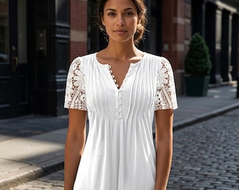 Chemisier en dentelle florale pour femme, haut à manches courtes et col en V, chemise d'été élégante coupe ample, chemisier tendance féminin décontracté