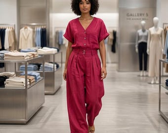 Women’s Linen Blend Two Piece Set, V Neck Button Up Shirt & Wide Leg Pants, Casual Summer Co Ord Outfit, Oversized Matching Set, Resort Wear
